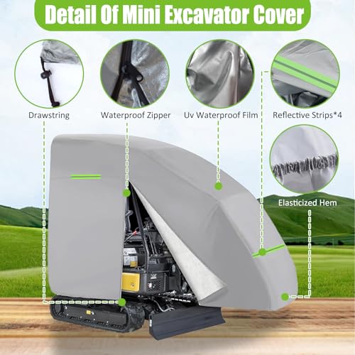 Image of Mini Excavator Cover 420D Waterproof Zippered Excavators Cover for Bobcat Kubota John Deere Takeuchi Yanmar Excavator Protection Cover with Zipper & Reflective Strip for 800-1600kg(Silver)