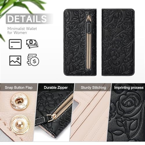Wallet Women Ultra Slim Thin Womens Wallet RFID Blocking Bifold Clutch Long Ladies Wallet Rose BLACK3