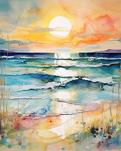 Sea Sunset Abstract Beach View Oil Painting Paint by Number Kits 16 x 20 inch Canvas Graffiti Beach Scenery DIY Painting for Kids Students Adults Beginner with Brushes Acrylic Pigment (Frameless)