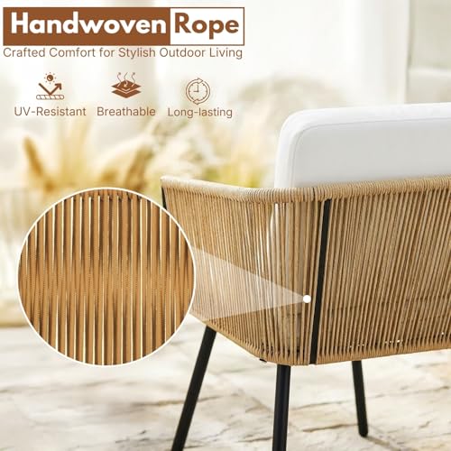 Image of DEVOKO Patio 3 Pieces Porch Backyard Garden Outdoor Rope Chairs with Weather Resistant Cushions and Glass Top Table Conversation Set (Beige and White)