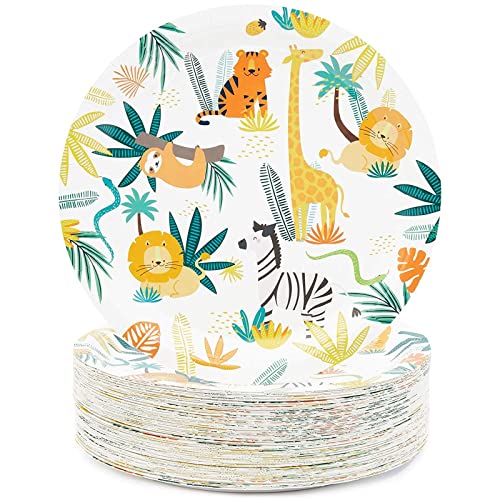 BLUE PANDA Jungle Party Plates - Safari Animal Paper Plates - 9-Inch Blue, Pack of 80 - Disposable Dessert & Cake Serveware for Zoo Theme