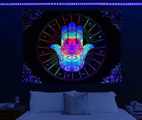 HOLAVIDA Wandteppich Mandala, Hamsa Hand Wandtuch, UV Reaktiv Home Wanddeko für Schlafzimmer, Wohnzimmer, Party(150cm×130cm