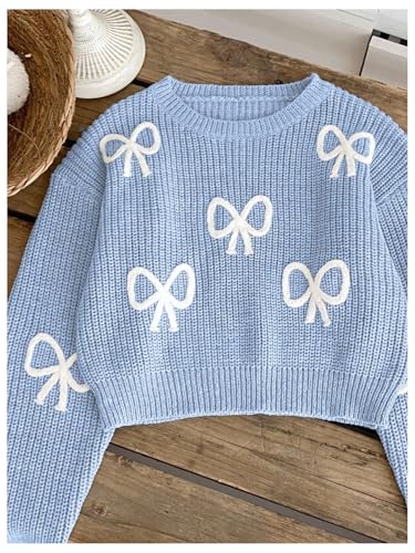Image of BEAUDRM Girl's Cute Bow Sweater Crew Neck Long Sleeve Drop Shoulder Loose Pullover Tops