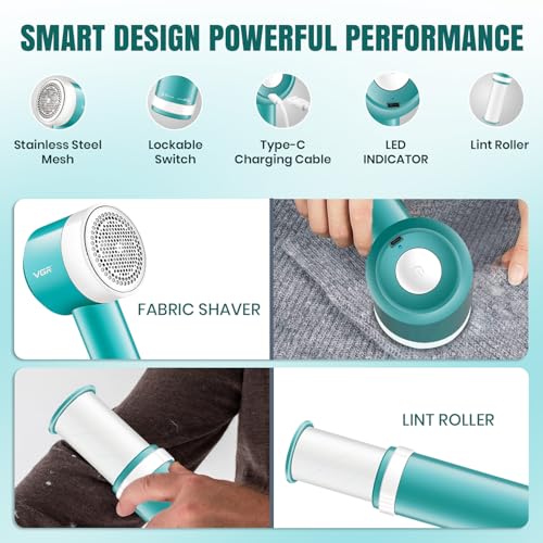 Image of VGR V-811 Professional 2-in-1 Lint Remover for Clothes | Rechargeable Fabric Fuzz Shaver with 6 Blades, USB Charging, 90 min Runtime, Corded & Cordless Use | Portable | Green