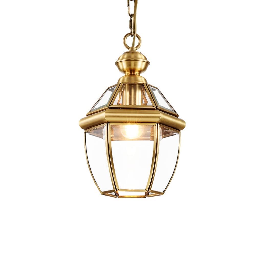 LAUMZX Vintage Brass Outdoor Hanging Lantern, Retro Hexagonal Chain Pendant Light Fixture, IP44 Waterproof Ceiling Lamp for Porch, Patio, Gazebo, and Entryway, E27 Base
