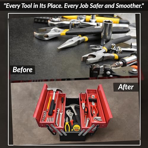 Image of Plantex Tool Box Empty /Sturdy Tools Storage Box With Large Capacity /Empty Tool Box /Tool Organizer for Carpenter, Garage, And Home Essential Tools - 5 Compartments - (Red & Black) - Metal