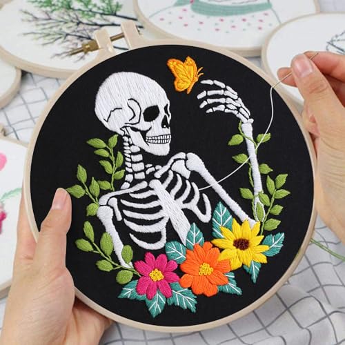 Image of Louise Maelys 3 Pcs Halloween Embroidery Kit for Beginners, Skeleton Floral Spooky Handmade Set with Hoop, Printed Fabric and Instruction, Needlework DIY Craft for Adults
