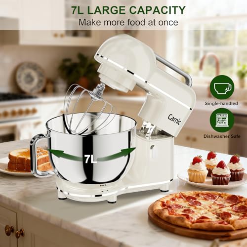 Camic Electric Stand Mixer,7.45 QT,10 Speeds with Dough Hook,Whisk, Flat Beater Attachments, Splash Guard, Easy-Carry Top Handle,3-IN-1 Kitchen Mixer for Baking Cakes Cookie Bread Salad (White) - Image 3