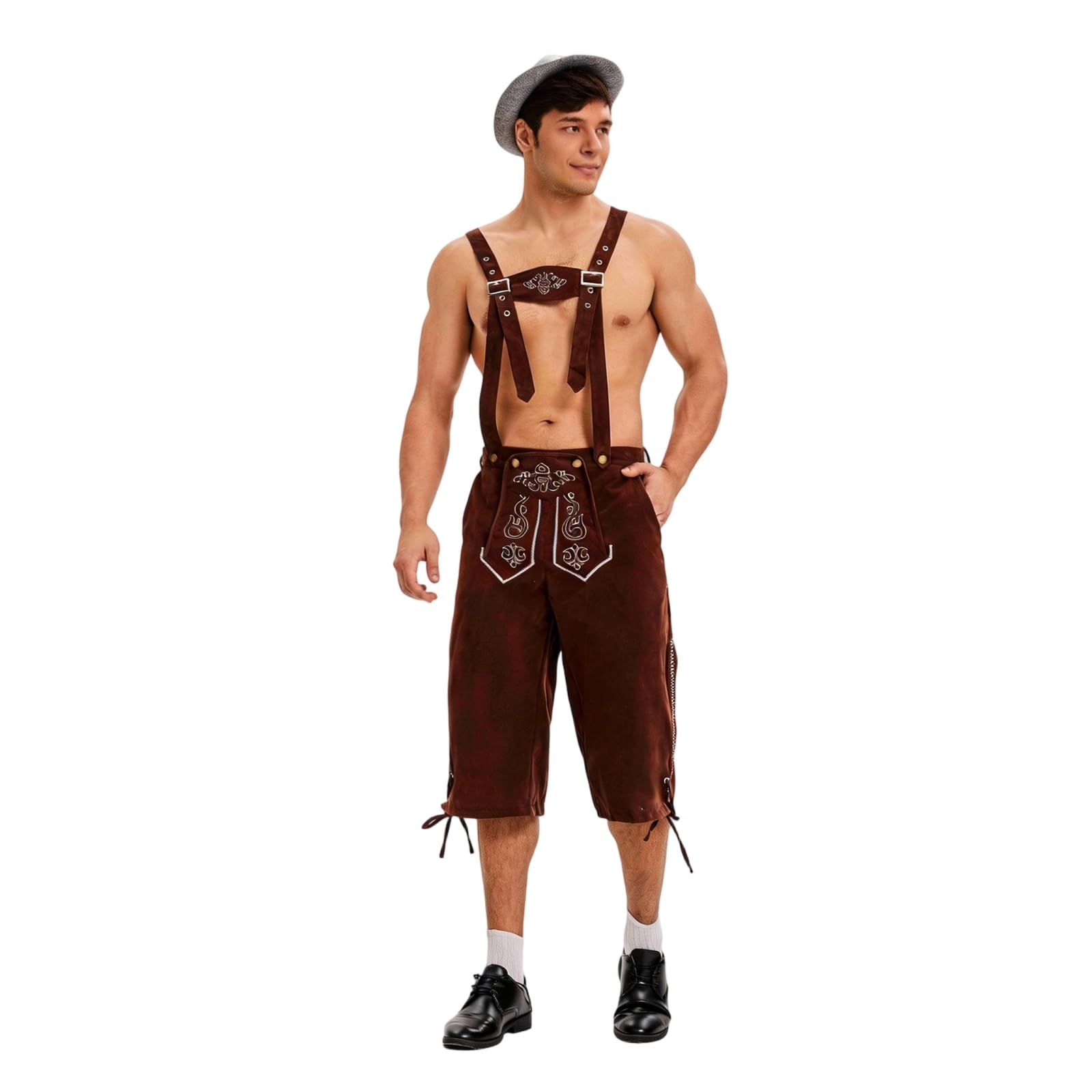 TOFOTL Mens Costume, German Oktoberfest Detachable Detailed Adjustable Braces Leather Trousers Men Shorts with Matching Braces, Embroidered Bavarian Monochrome Beer Festival Costume, XXL Brown