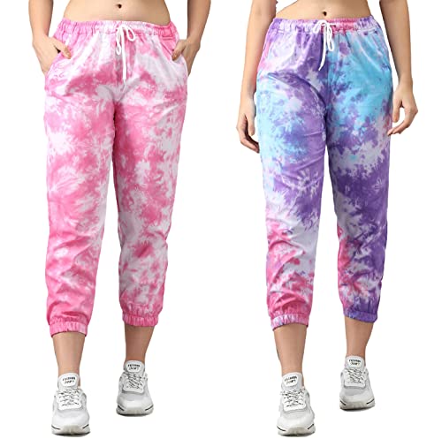 GRECIILOOKS Women Lycra Cotton Trousers for Women Combo Pack of 2 with Side Pockets | Cotton Lycra Tie-Dye Joggers Combo Women’s Yoga Dress Pants Stretchy Work Business