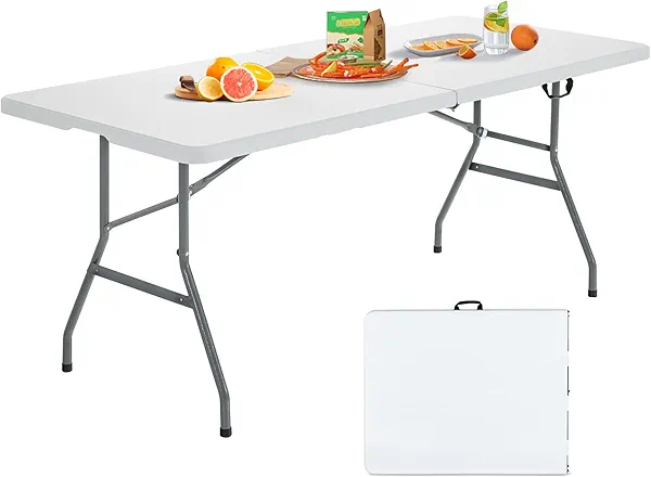 Giantex Folding Picnic Table, 6FT Portable Foldable Tables for Party BBQ, Metal Legs, HDPE, White Outdoor Indoor Camping Table with Handle, No Assembly