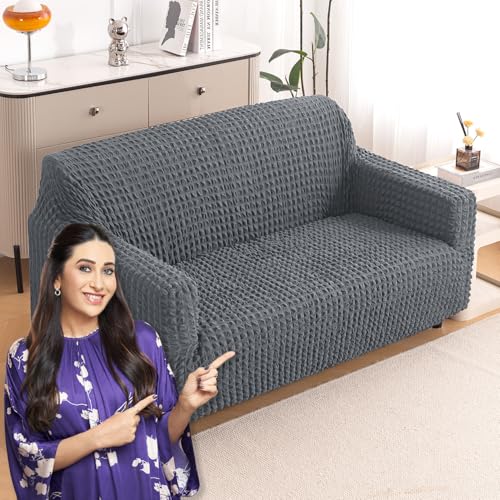 Image of HOKIPO 'Aria Nova' 280 GSM Elastic 2 Seater Bubble Sofa Cover Stretchable Slipcover, Dark Grey (AR-6209-DGRY)