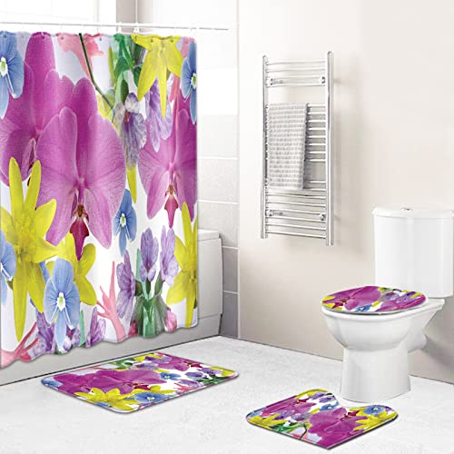 Duschvorhang Lila Gelbe Blüten Badezimmerteppich 4-Teiliges Set, Duschvorhang 180x180 Polyester+Badematte rutschfeste…