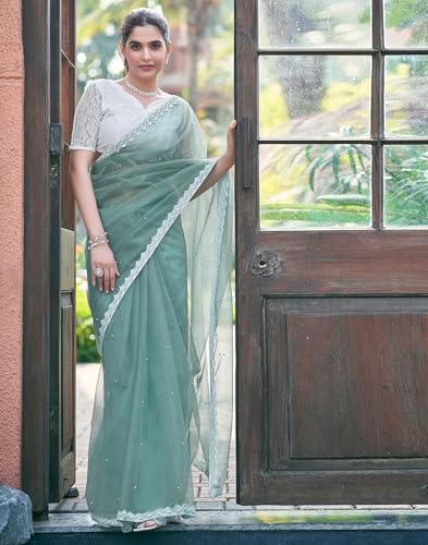 Image of SIRIL Women's Lace & Peral Work Saree with Unstitched Blouse Piece