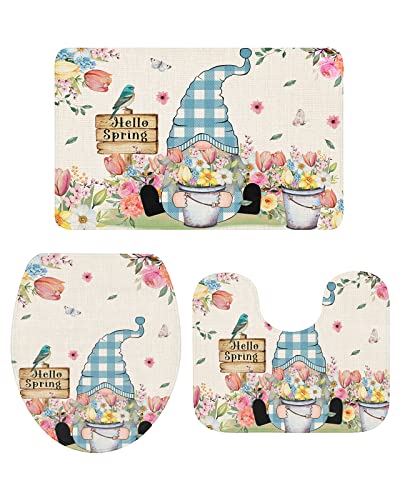ARTtikke 3-teiliges Badezimmer-Teppich-Set mit Blumen-Zwergen, Frühlings-Leinenmaserung, Badematten-Set, superweich…