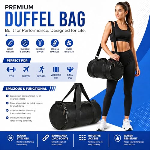Image of Trendy & Classic Duffle Gym Bag for Men & Women Leather Gym Bag with Shoulder Strap Sports Bag Yoga & Travel Bag for Boys & Girls Duffle Bag & Travelling Bag Outdoor (Black)