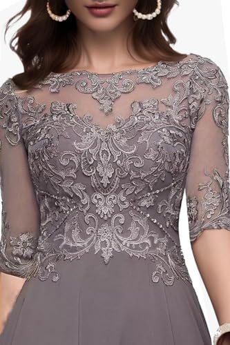 Women's A Line Tea Length Mother of The Bride Dresses with Sleeve Lace Applique Chiffon Formal Evening Gown4
