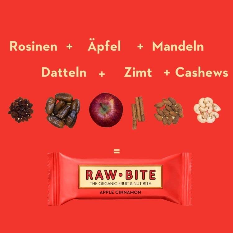 RAWBITE APPLE CINNAMON in der 12er Box- Vegan, glutenfrei & ohne Zuckerzusatz (enthält von Natur aus Zucker) - Bio Frucht-Nuss-Riegel mit Apfel & Zimt (12 x 50 g)