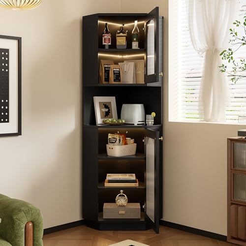 kozamas Armario esquinero negro con LED, armario de baño moderno con compartimento abierto y estantes ajustables, 45 x 45 x 166,5 cm