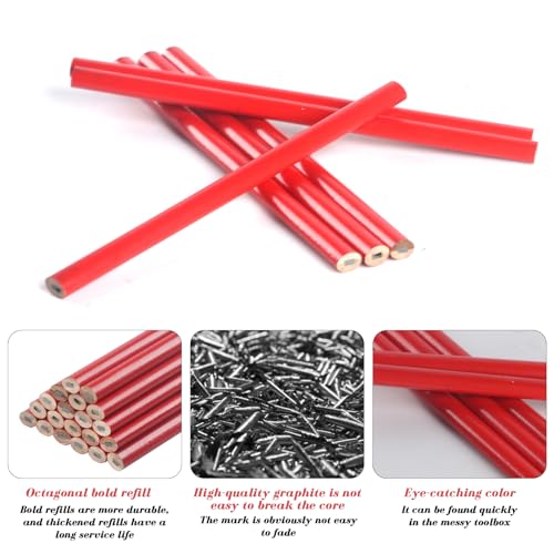 20 Stk Zimmermannsbleistifte, Rot Bleistift Baustelle, Baubleistifte, Zimmermann Baustift, Tischler Bleistifte Set mit Bleistiftanspitzer für Handwerker Werkstatt Schreiner Markierungswerkzeug