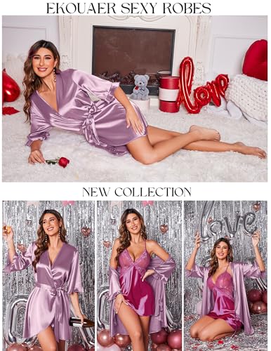 Image of Ekouaer Women's Satin Robe Valentines Lingerie for Women Kimono Bathrobe Short Ruffle Belted Robes Bridesmaids Sleepwear