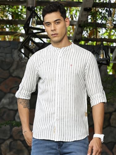 Image of Thomas Scott Men's Slim Fit Cotton Linen Casual Shirt with Mandarin Collar | Vertical Stripes | Three-Quarter Roll-Up Sleeves