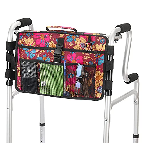 Walker Bag-Double Sided Walker Pouch With 9 Pockets For Large Capacity Water Resistant Tote Folding Walker Basket Caddy Universal Fit Walker, Rollator (Flower) #TOP1