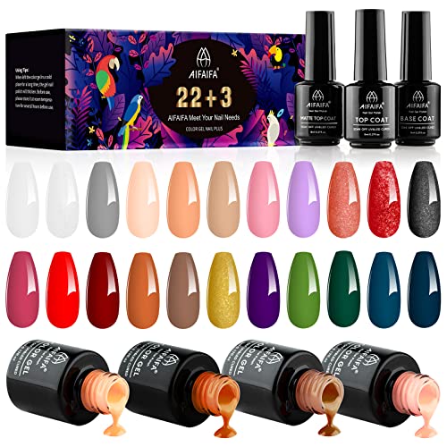 AIFAIFA 25Pcs Nail Gel Polish Kit, Gel Nail Polish Color Collection Soak Off UV, Gel Polish with Base Coat and Glossy & Matte Top Coat All-Season Salon Manicure Art Design Cozy Autumn Winter