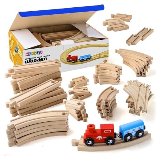 Play22 Wooden Train Tracks - 52 PCS + 2 Bonus Car Toy Trains - for Kids is Compatible with Thomas Wooden Railway Systems and All Major Brands - Original