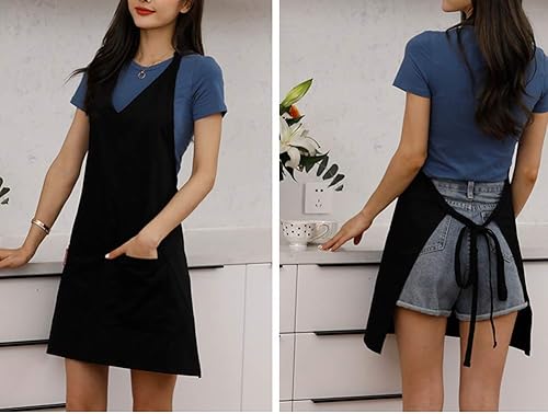 Miniatura 6 de Delantal de cocina unisex negro con cuello en V, correas ajustables para el cuello, duradero, para barbacoa, cocina, delantales con bolsillos