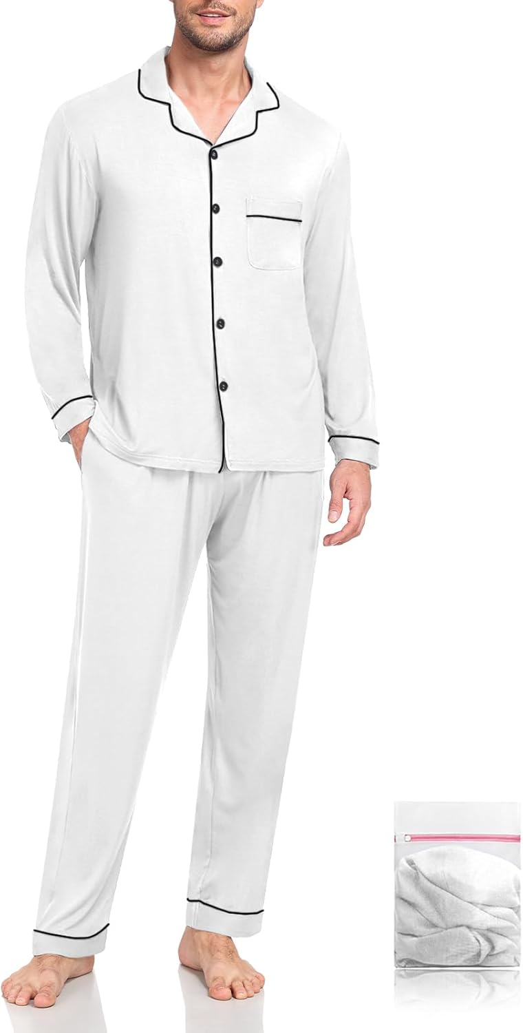 Men Modal Pajama Set Long Sleeve Pjs Button Down Sleepwear Soft Comfy Loungewear Sets 2 Piece Nightwear S-3XL