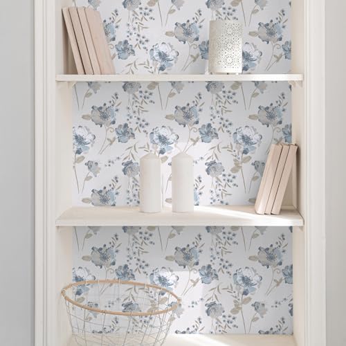 VaryFloral Boho Floral Wallpaper Neutral Farmhouse Blue Flower Peel and Stick Wallpaper Beige Botanical Floral Contact Paper Removable Wall Covering Vinyl Roll for Bedroom Living Room Cabinet 12"x118" by VaryFloral - Used condition - Image 2