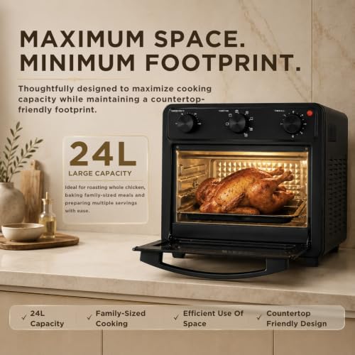 Image of Faber Air Fryer Oven 24L 1600W|View Window|Bake Tray,Tray Handle & Crumb Tray|Dishwasher safe removable parts|5 Preset Auto Program|3 Rack Positions|Roast,Fry,Toast,Defrost|FAO CrispX Pro 24 BK
