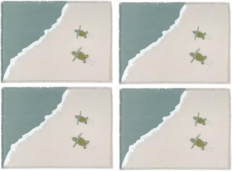 4 Baby Sea Turtle Embroidered Cotton Fabric Placemats 19 Inches x 13 Inches