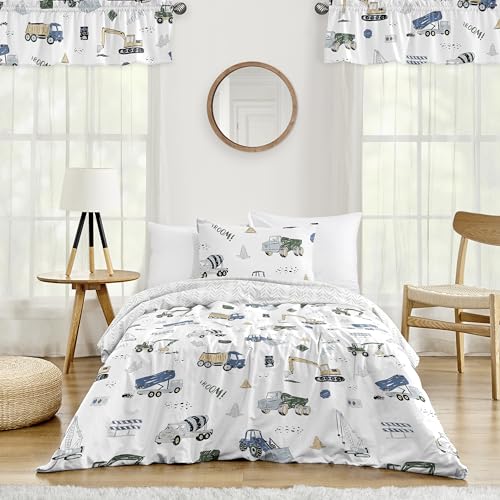 Image of Sweet Jojo Designs 2-Piece Twin Comforter Set (Green Construction Truck) for Boys, Children, Kids Bedding, Bed in a Bag incl. Blanket & Pillow Sham (Transportation, Gray, Blue, Grey & Yellow, Trucks)