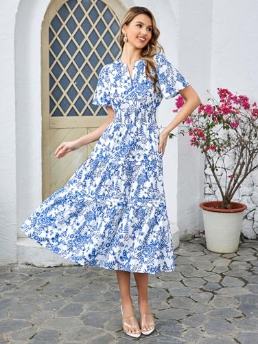 Image of KUTUMAI Women Summer Floral Midi Dress 2024 Casual Short Sleeve V Neck Tiered Ruffle Flowy Boho Dresses with Pockets