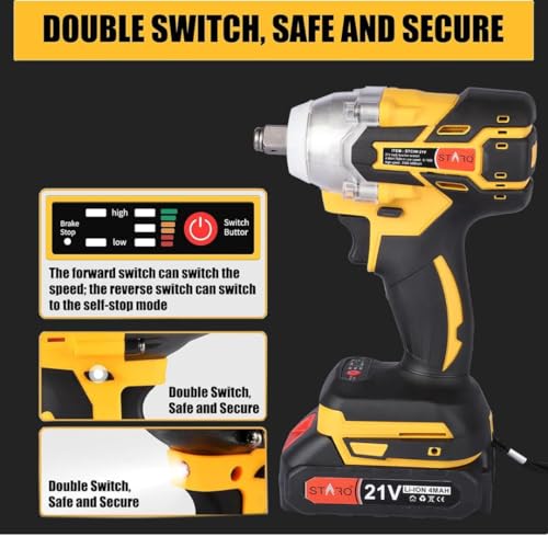 Image of STARQ Heavy Duty 21V Cordless Impact Wrench with 2 Batteries 2 Variable Speed Build-In LED Lights Forward & Reverse Switch Yellow