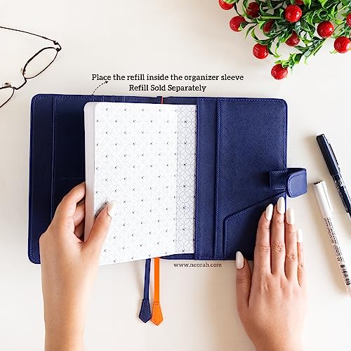 Image of NEORAH - B6 Notebook SLEEVE with SNAP Button - [ SLEEVE ONLY ]|Vegan Leather|Office Diary Holder with Penloop| 2 Front & 1 Back Pocket |6 Card Slots |2 BookMarks - Fits any B6 Softcover - DARK BLUE