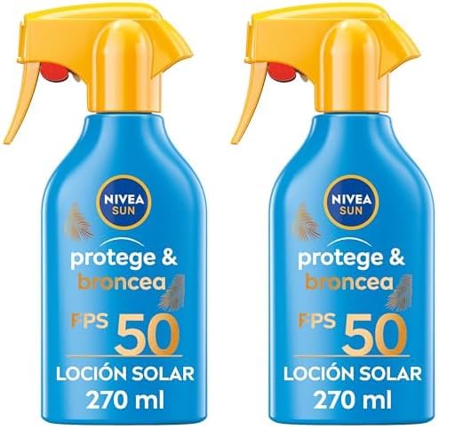 NIVEA SUN Protege & Broncea Spray Solar FP50 (1 x 270 ml), activador del bronceado, crema bronceadora, protección solar, protector solar hidratante resistente al agua, pistola (Paquete de 2)
