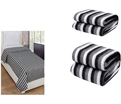 Goyal's Black and White Stripes Single Bed Fleece Blanket - Pack of 2