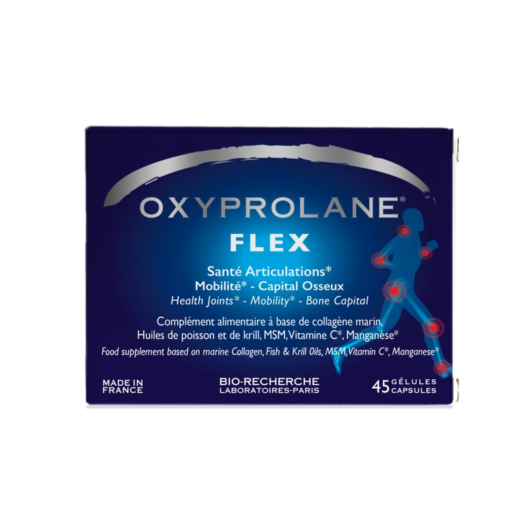 Oxyprolane® Flex • Complément Alimentaire Articulations, Capital Osseux, Arthrose • 45 gélules • Collagène Marin, MSM, Manganèse • Fabriqué en France LABORATOIRES BIO-RECHERCHE ®