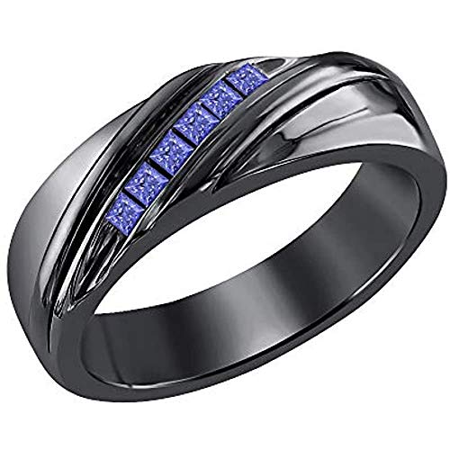 Ranjeeta Fashion Princess Cut Tanzanite 925 Sterling Silver 14K Black Gold Over Diamond 6-Stone Wedding Band Anniversary Ring for Men