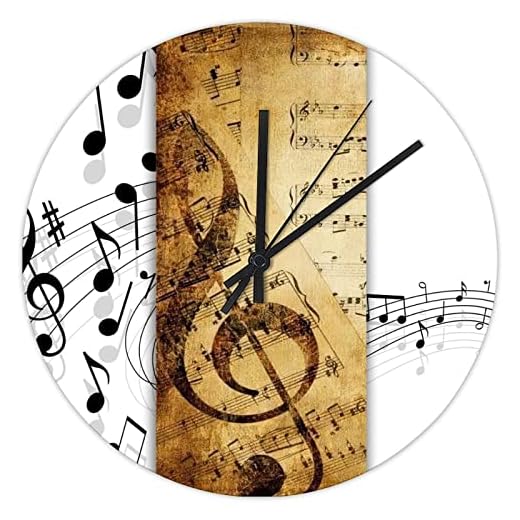 Piano Music Notes Clocks 10 Inch, White Music Notes Black Blackboard Vintage Wood Print Wall Clock Silent Non-Ticking Round Clock for Farmhouse Living Room Bedroom Kitchen Home