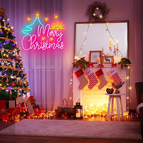 Image of Neon Signs Merry Christmas Tree Neon Sign Decorations Lighted Sign Xmas LED Neon Lights Green Red LED Sign for House, Home, Window, Balcony, Party, Wall Decor 60x50cm (with Tree and Starlight)