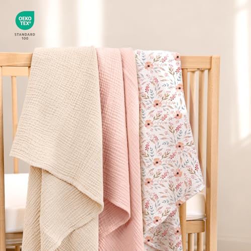 Image of lulumoon Muslin Swaddle Blankets for Baby: Lightweight & Breathable Receiving Blankets for Hospital - Neutral Registry Gift for Newborn 3pack (WhitePinkFlower)