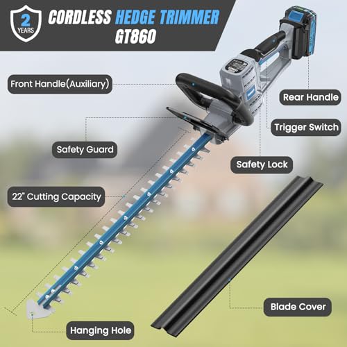 Hedge Trimmer Cordless 22\" - 21V Powerful Electric Hedge Trimmer with 2 x 2.0Ah Batteries and Fast Charger, Easy to Use, 3200RPM Lightweight Battery Powered Bush Trimmers for Garden, Yard Care, GT860