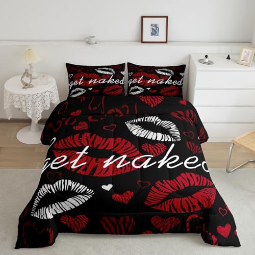 Image of Feelyou Sexy Lips Comforter Funny Get Naked Comforter Set for Couple Lover Kiss Bedding Set White Red Woman Mouth Pattern Decor Duvet Set Room Decor King Size Quilt Set 3Pcs