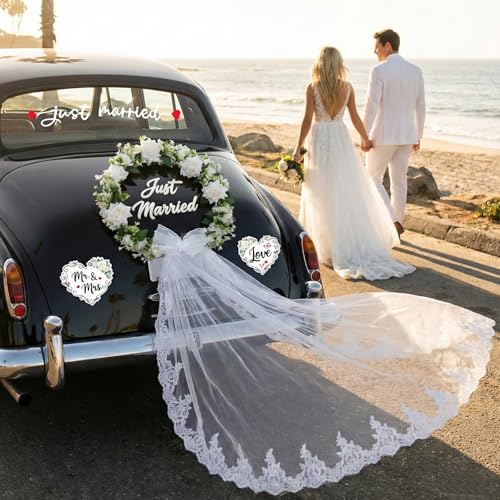 Just Married Car Decorations Set White Floral Wreath with Long Tulle Static-Cling Window Decal Magnetic Mr & Mrs & Love Heart Signs Elegant Wedding Getaway Car Decor Kit