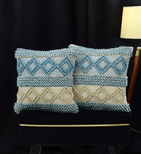 Image of TIB Premium Boho Decorative Throw Cushion Covers, 16 x 16 cm, Set of 2, Cotton. (Blue & White Diamonds)