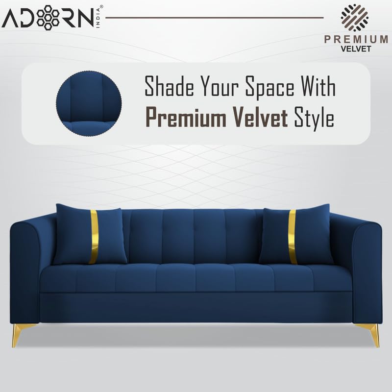 Image of Adorn India Premium Mystic - 3 Years Warranty - 3 Seater Sofa Velvet Suede Fabric - Blue